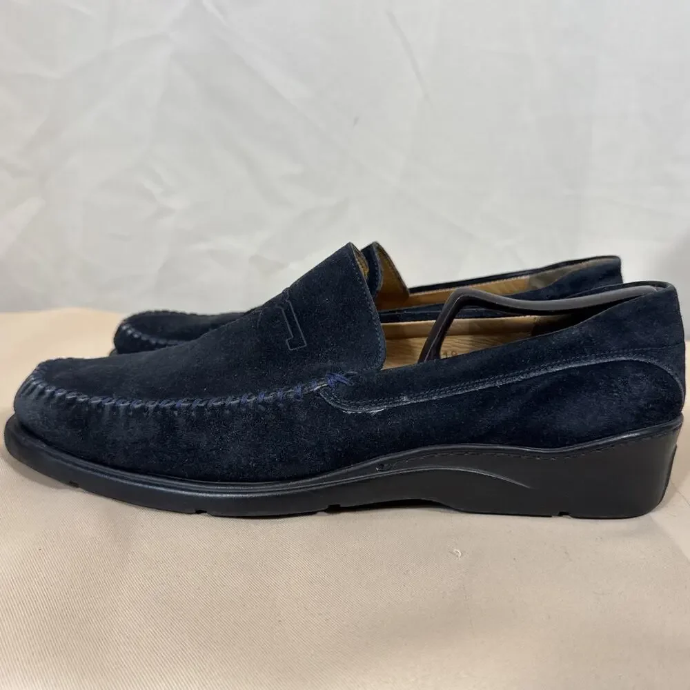 Bruno Magli Men 9.5 Navy Blue Suede Loafers Moc Toe Italian Luxury Shoe Heritage